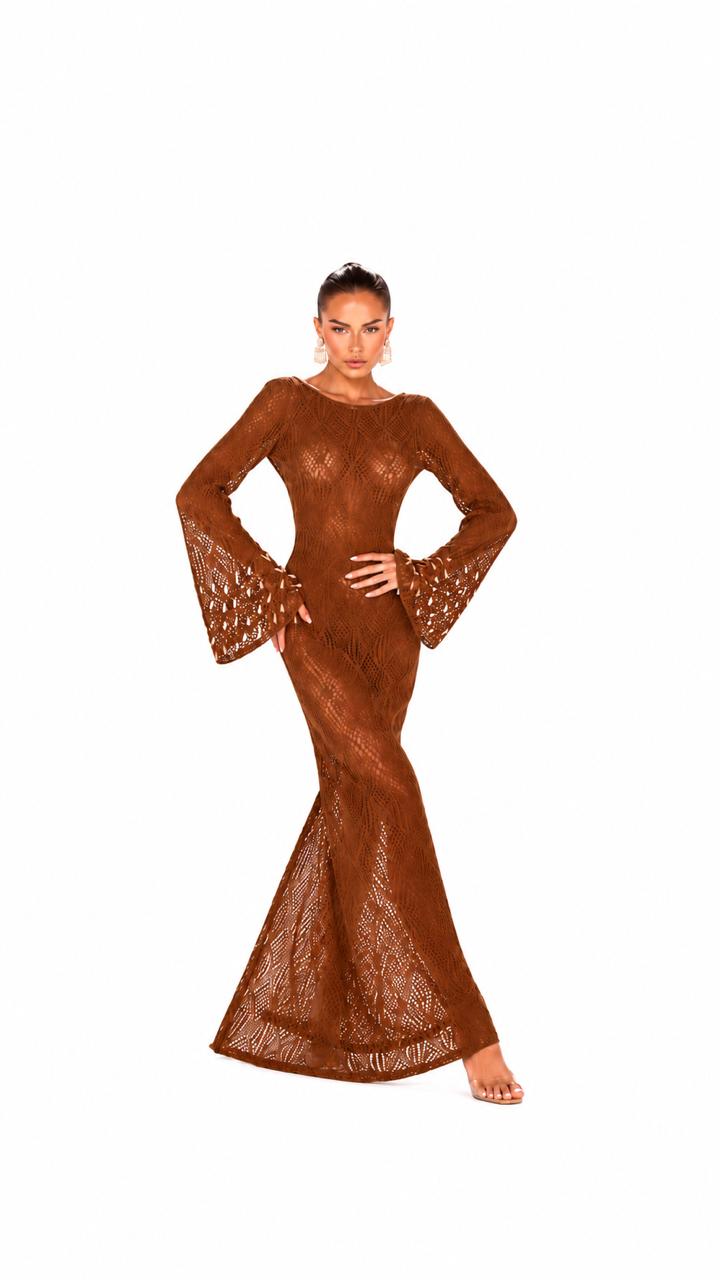 Vestido longo em tricot c/mangas amplas c/pérolas