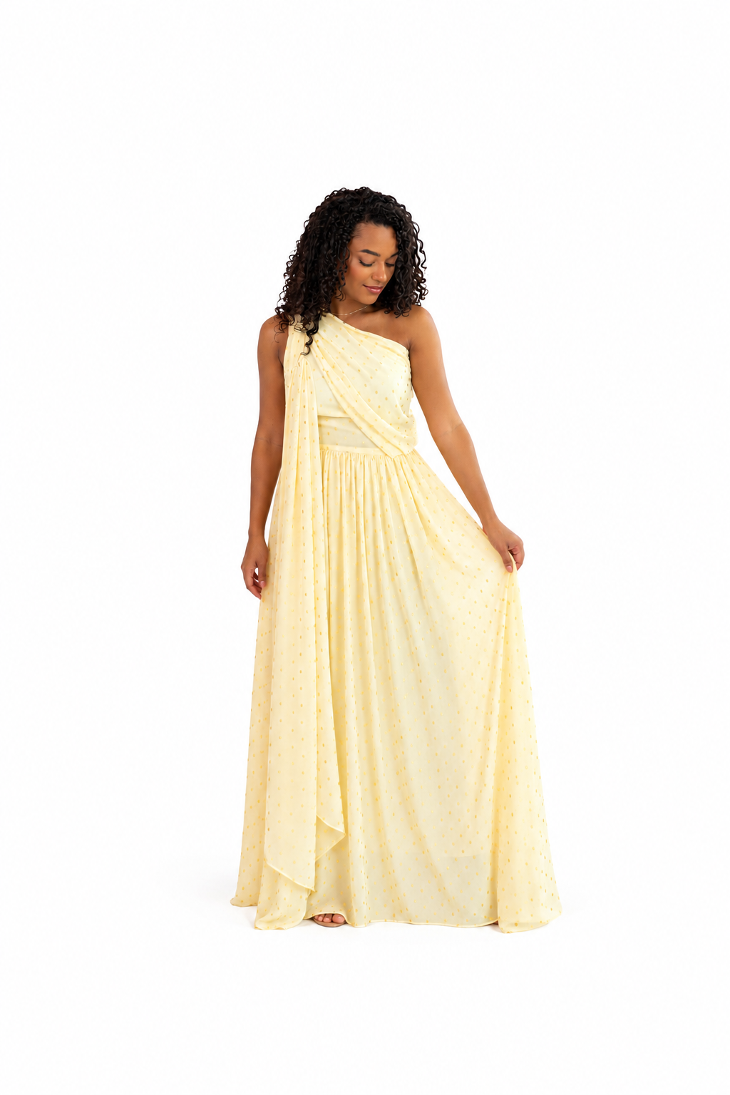 Vestido longo um ombro só c/ detalhe lenço