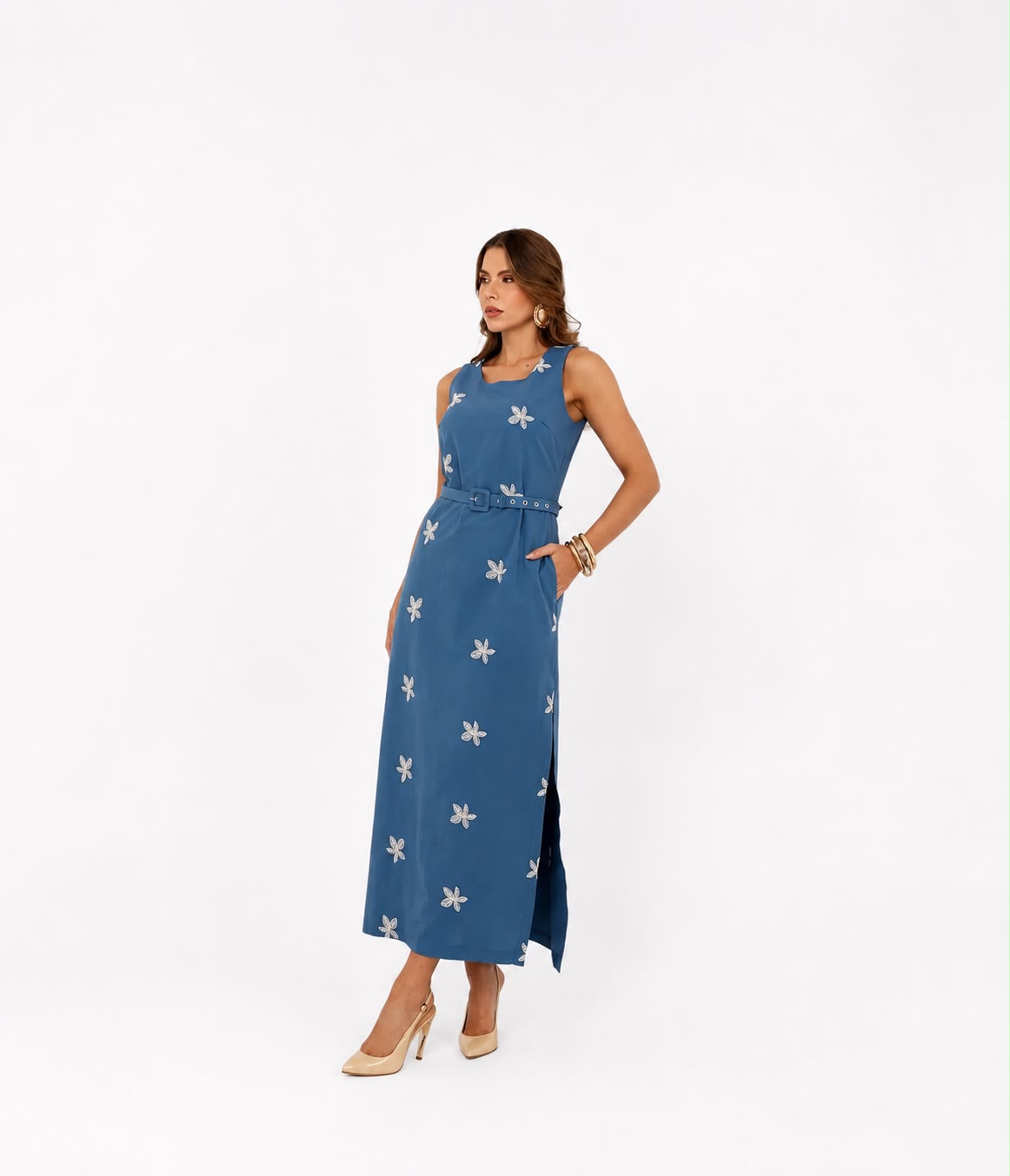 Vestido Mônaco Midi C/ Bordados e Cinto