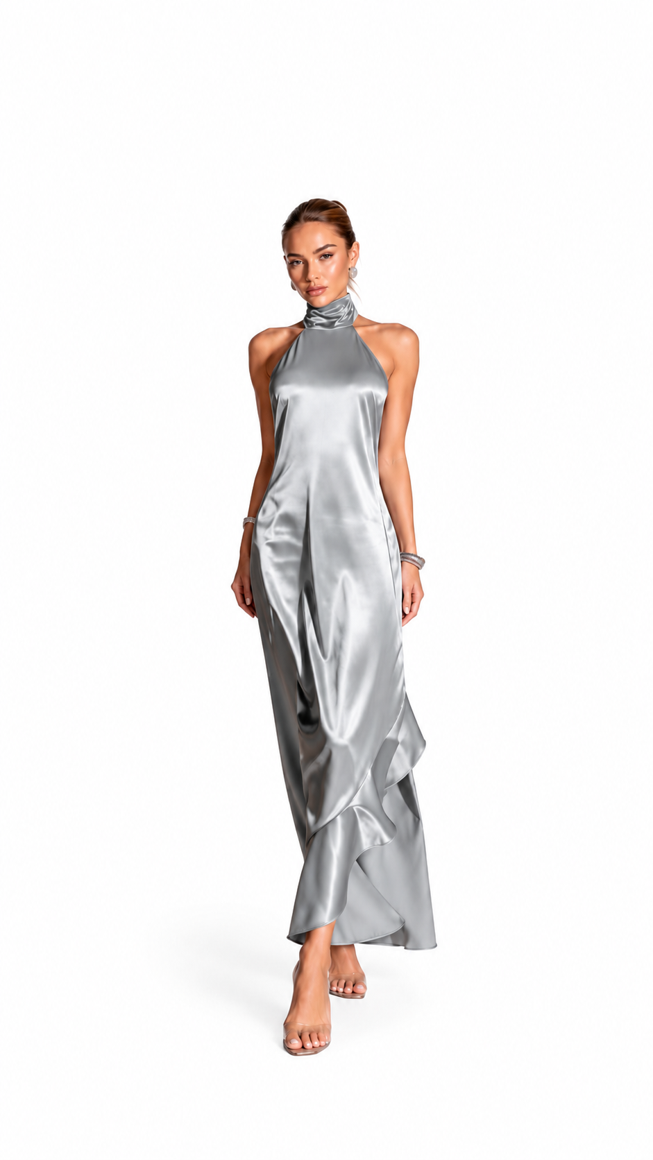 Vestido longo acetinado c/gola alta