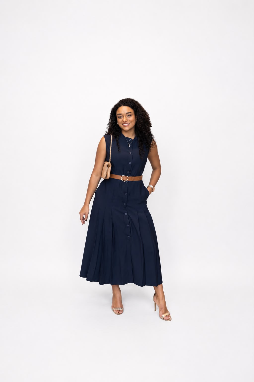 Vestido Midi Plissado C/ Cinto