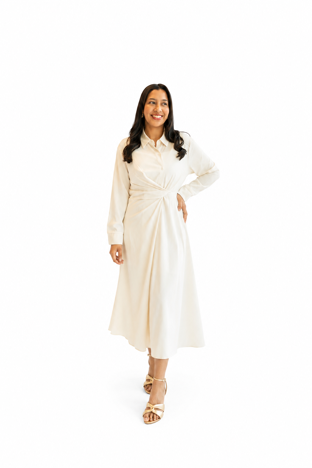 Vestido midi camisaria c/drapeado frontal