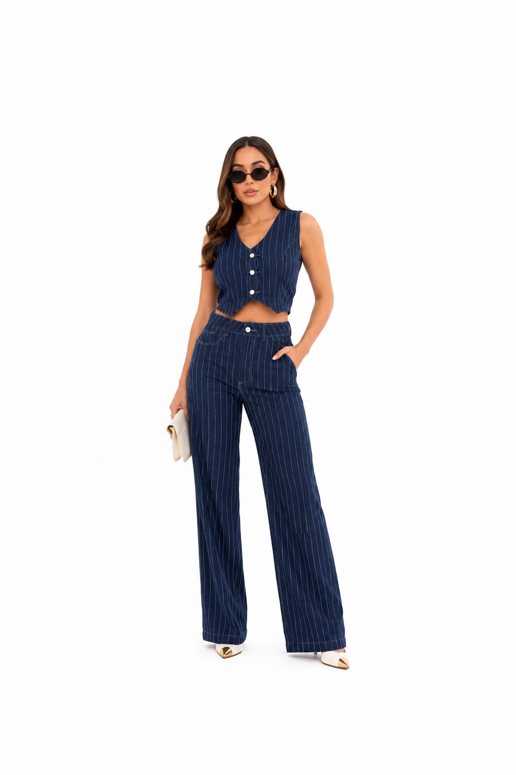 Conjunto colete e calça risca de giz