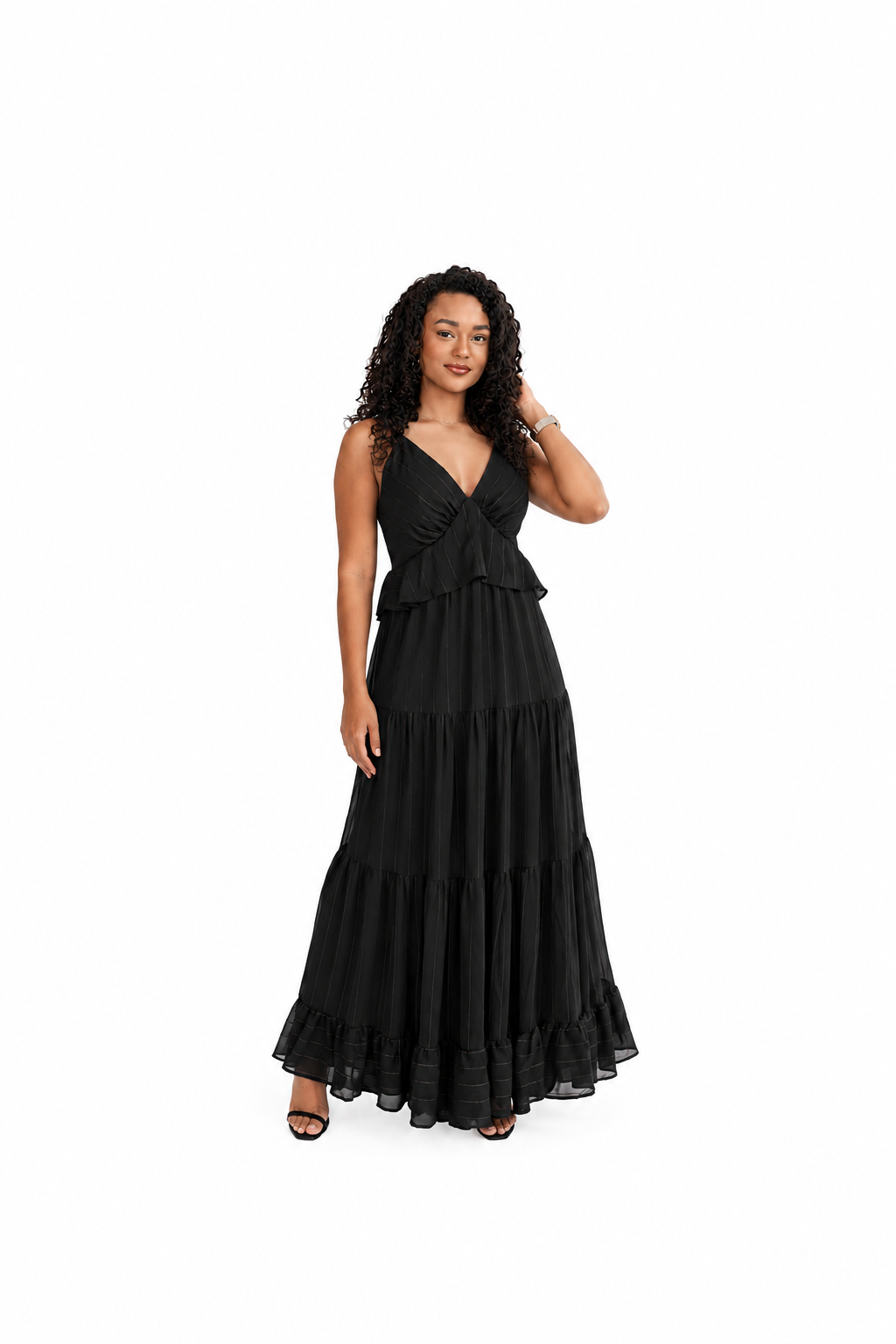 Vestido longo em camadas c/ detalhe em listra c brilho