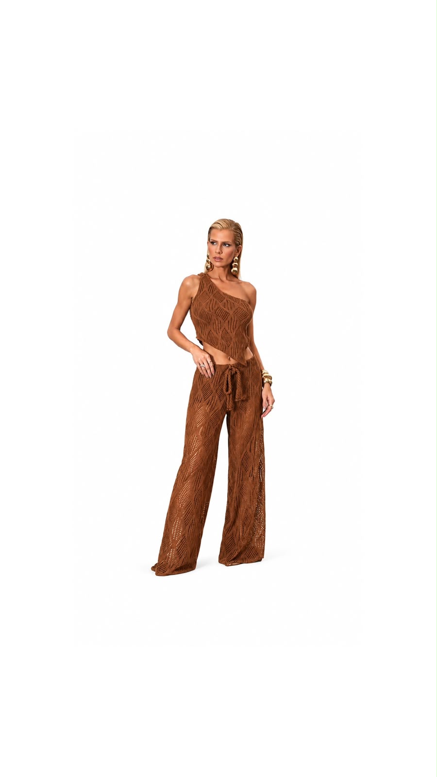 conjunto em tricô de trama vazada