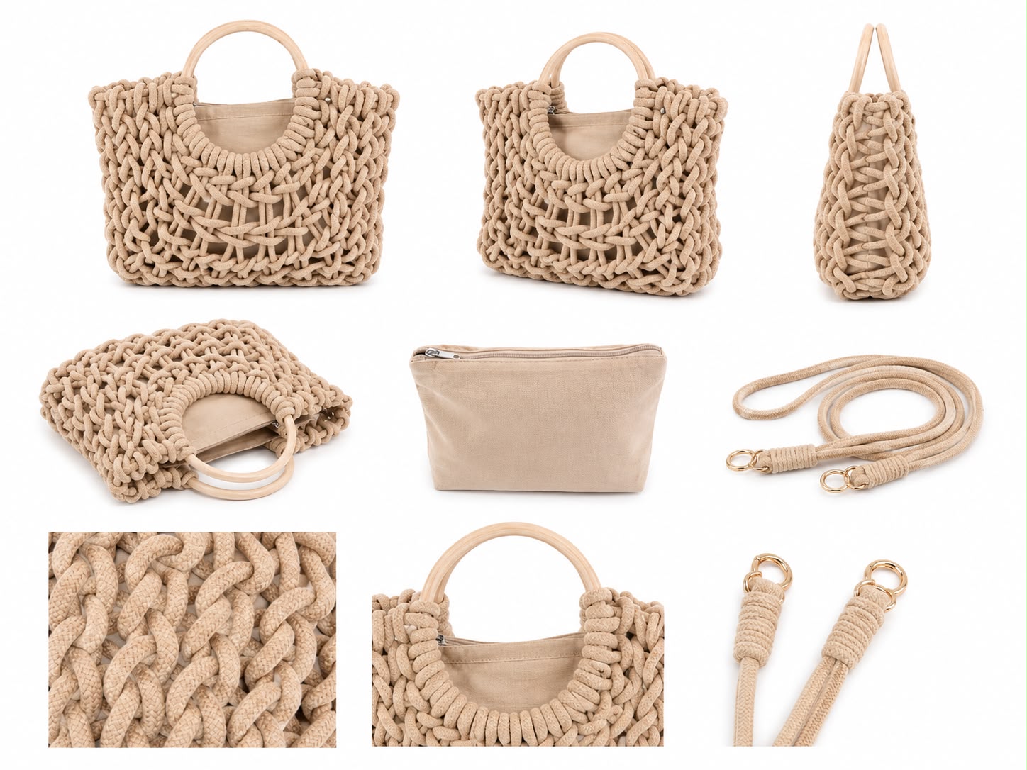 Bolsa tote em trama de corda c/ alça madeira