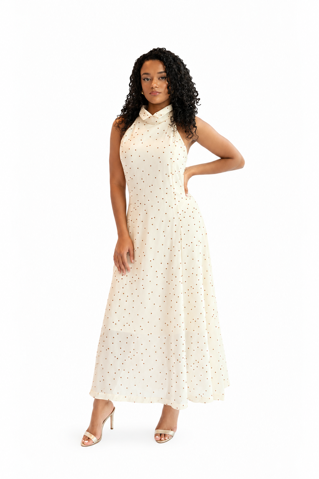 Vestido midi poá c/ gola camisaria